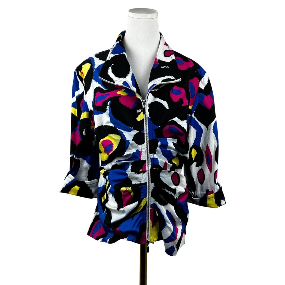 Women’s Abstract Print Zip-Front Jacket – Blue Multicolor